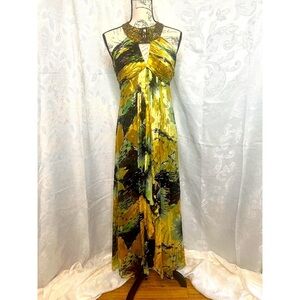 Size 10 Cachet silk, gold/green, jeweled, gown.